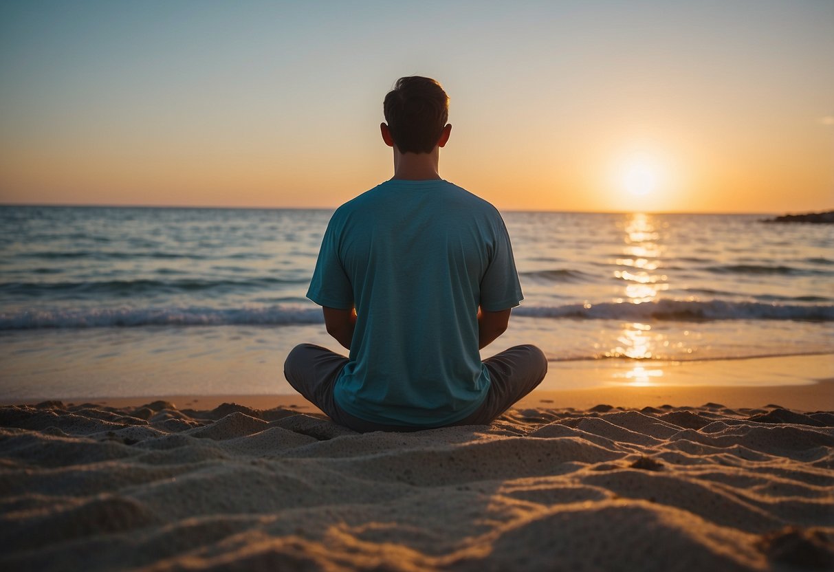 A serene beach with calm waves, a gentle breeze, and a colorful sunset. A person is meditating on the shore, surrounded by lush greenery