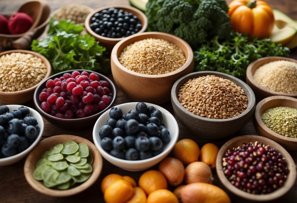 A colorful array of superfoods, including kale, blueberries, quinoa, and nuts, arranged on a wooden cutting board. A vibrant assortment of nutrient-rich ingredients