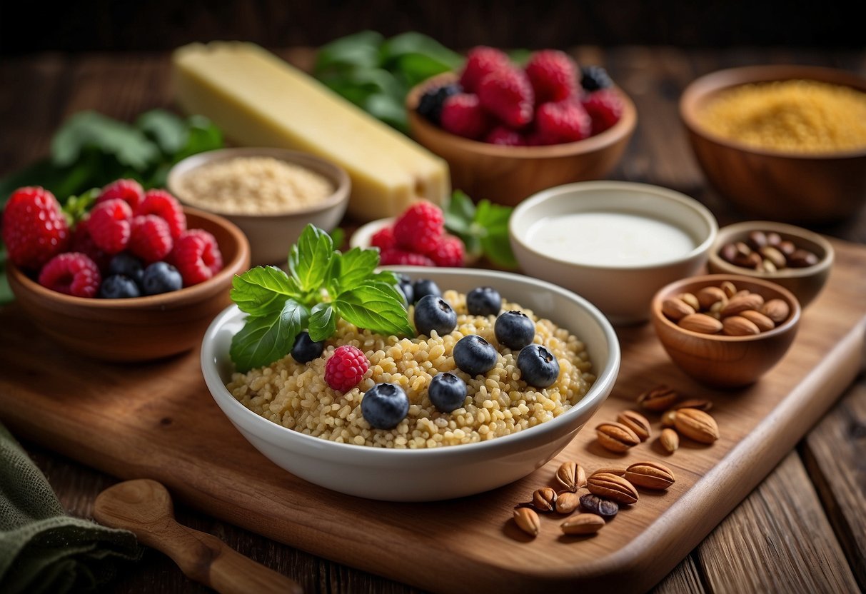 A colorful array of quinoa, berries, nuts, and greens arranged on a wooden cutting board with a knife and a bowl of yogurt in the background