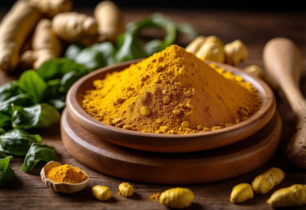 A vibrant array of turmeric, ginger, and leafy greens arranged on a wooden cutting board. A bowl of golden turmeric powder sits nearby