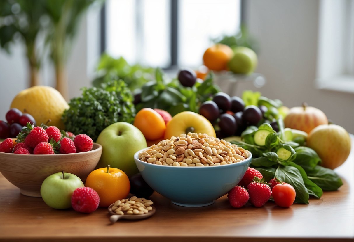 A colorful array of fresh fruits, vegetables, nuts, and grains arranged on a table. A plant-based cookbook open nearby, with a bowl of vibrant salad in the background