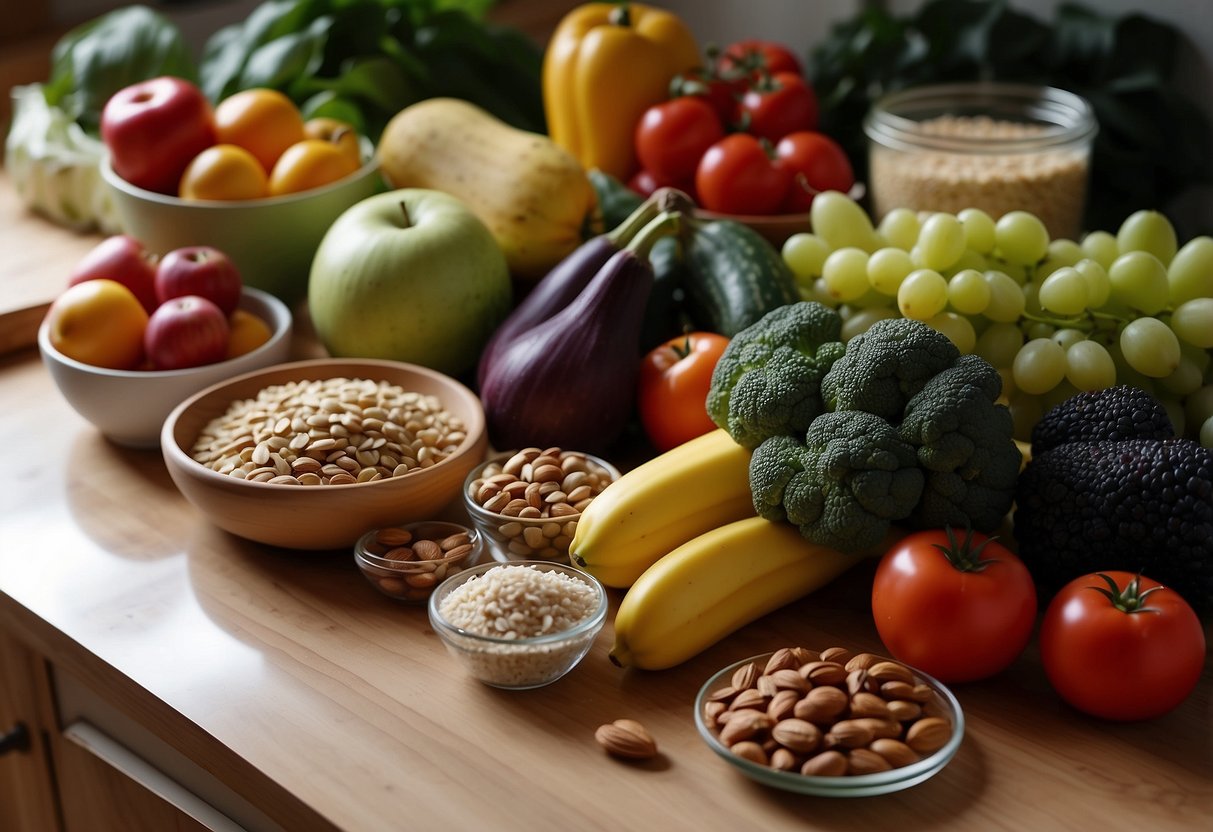 A colorful array of fruits, vegetables, nuts, and grains fill the kitchen counter. A cookbook open to a plant-based recipe, with a grocery list and meal plan nearby