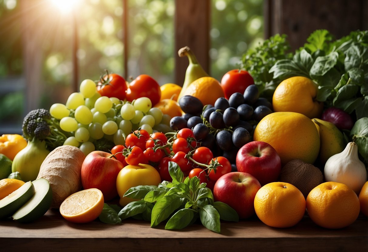 A vibrant array of colorful fruits and vegetables, surrounded by a variety of herbs and spices, with rays of sunshine beaming down on the natural, organic produce