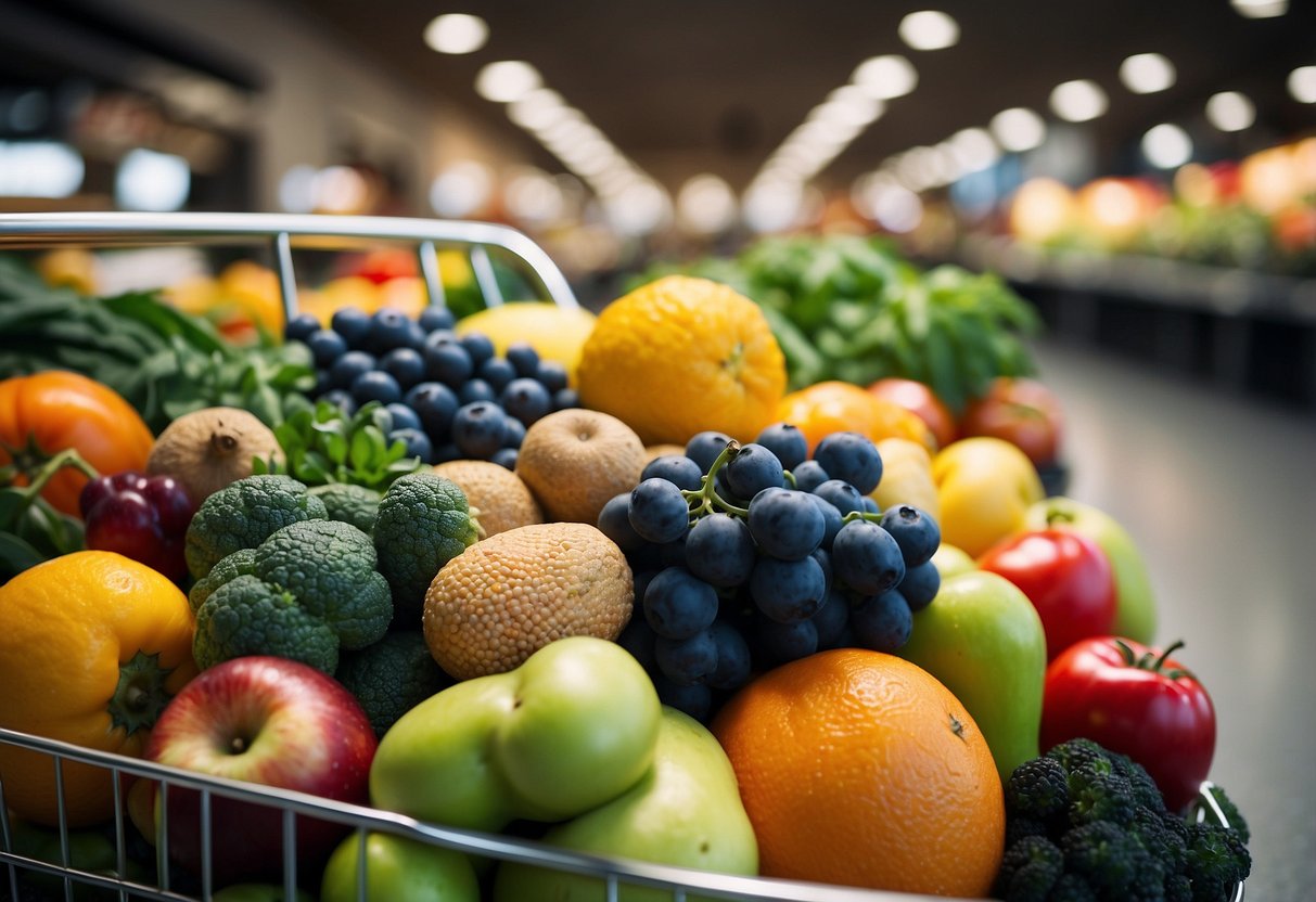 A colorful array of fresh fruits, vegetables, grains, and legumes fill a shopping cart. A sign reads "Plant-Based Diet Benefits" with a list of nutritious foods