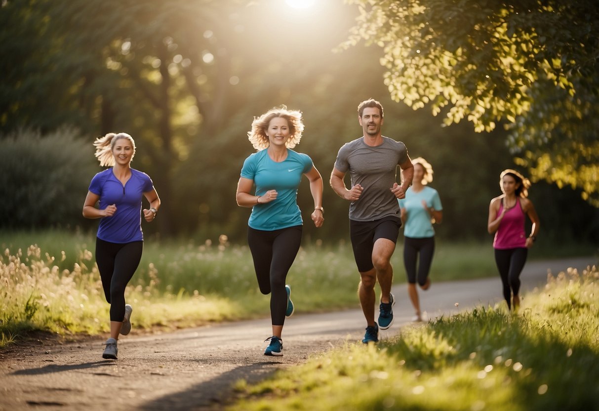 A group of people engaging in various physical activities, such as running, cycling, and yoga, in a natural outdoor setting. The scene is vibrant and energetic, with a focus on movement and vitality