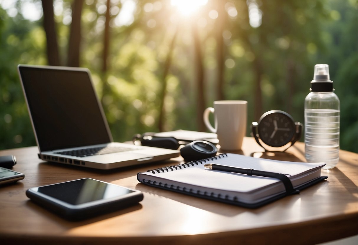 A desk with a planner, water bottle, and exercise equipment. A peaceful outdoor setting with trees and sunlight