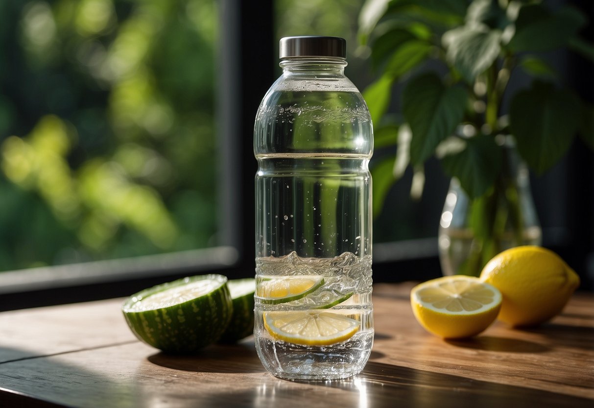 A clear water bottle sits on a table next to a sliced cucumber and lemon. A sweat droplet forms on a glass, emphasizing the importance of hydration