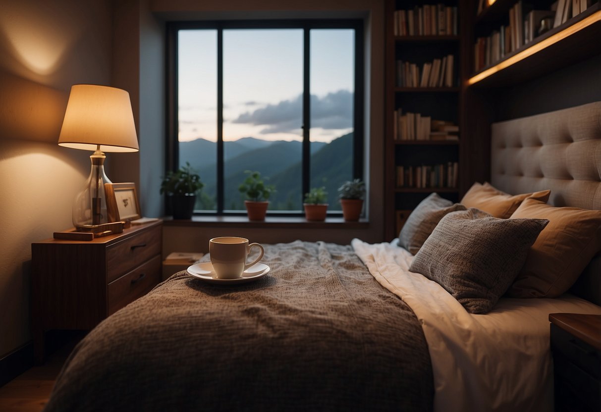 A cozy bedroom with a comfortable bed, soft pillows, and dim lighting. A bookshelf filled with calming literature and a warm cup of herbal tea on a nightstand