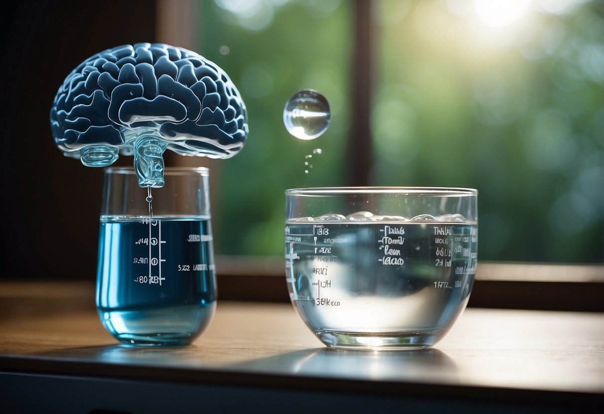 A glass of water sits next to a brain with thought bubbles. A measuring cup shows the recommended daily water intake