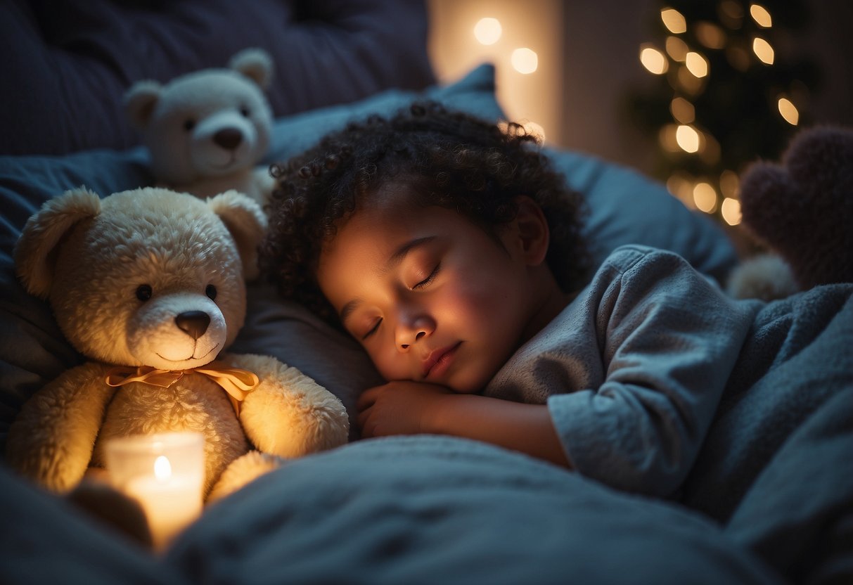 A peaceful child sleeping in a cozy bed, surrounded by stuffed animals and a nightlight. The room is quiet and dimly lit, creating a calm and soothing atmosphere for rest