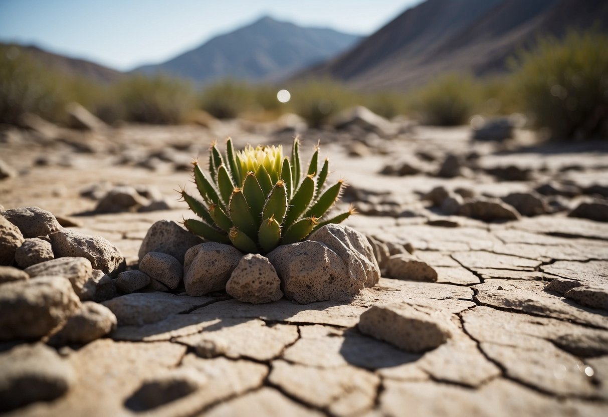 A desert landscape with a cactus and dry, cracked earth. A snow-covered mountain with a melting glacier. A lush rainforest with a flowing river