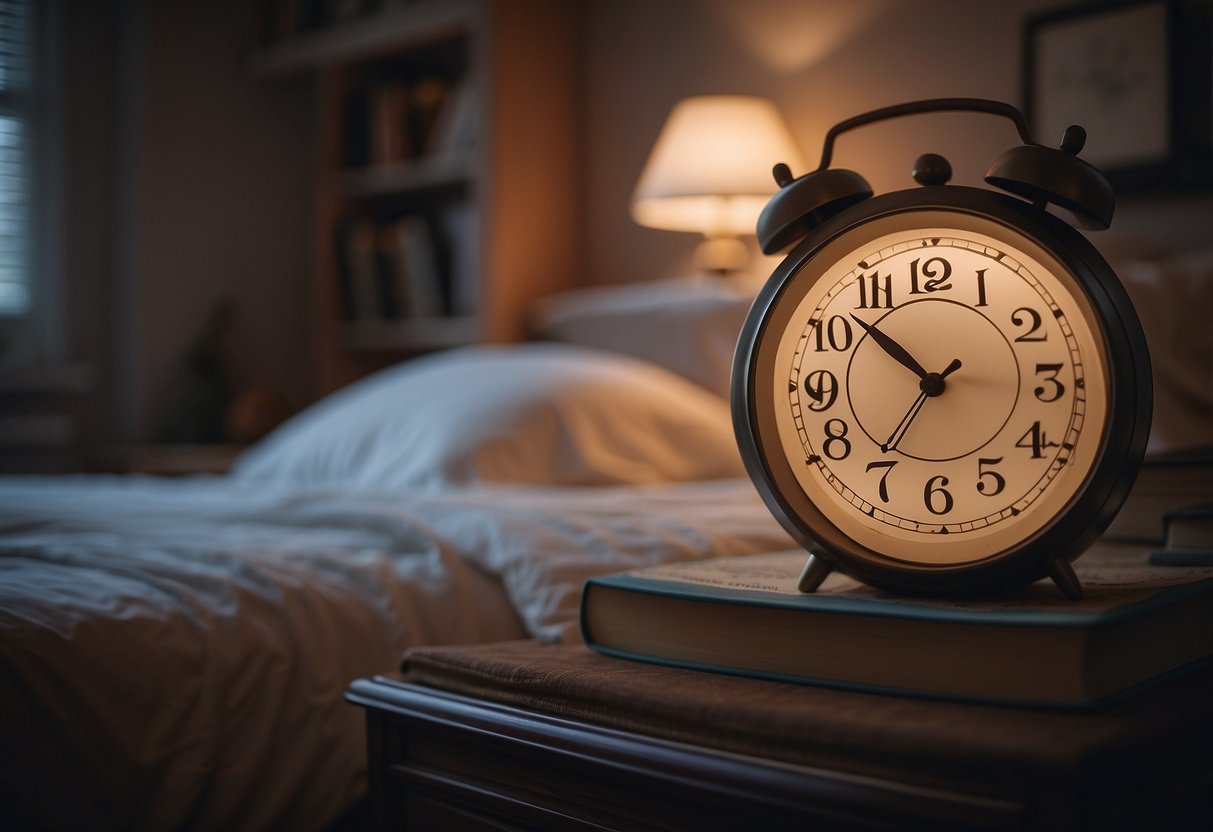 A peaceful bedroom with a cozy bed, dim lighting, and a clock showing bedtime. A bookshelf with sleep-related literature and soothing colors to promote relaxation and better rest