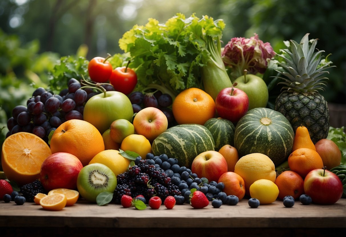 A vibrant garden with diverse fruits and vegetables, surrounded by healthy bacteria and enzymes, symbolizing the connection between nutrition and gut health