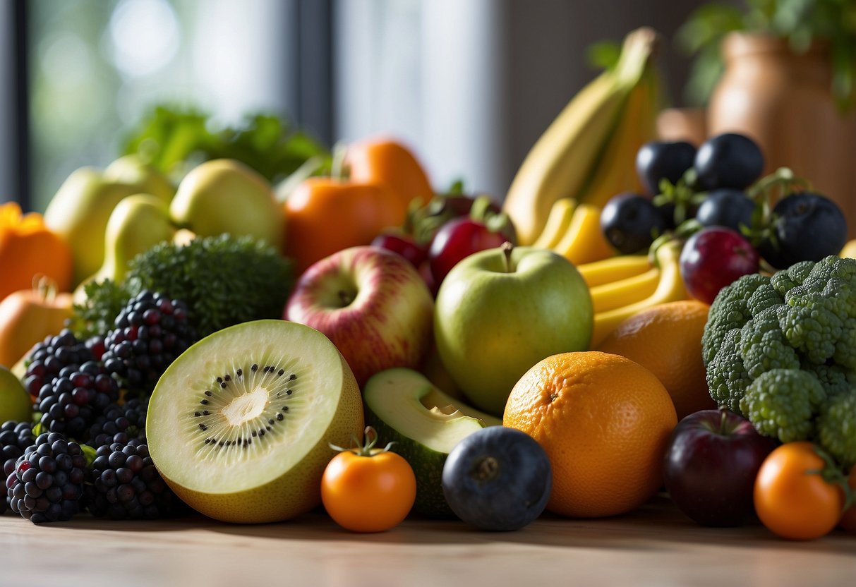 A vibrant, diverse array of fruits, vegetables, whole grains, and probiotic-rich foods, surrounded by a backdrop of exercise, stress management, and adequate sleep