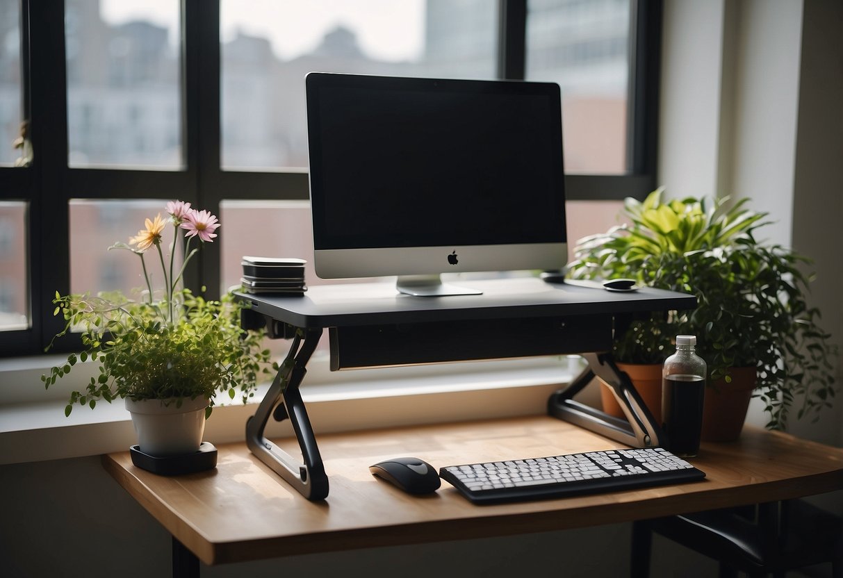 A standing desk with a computer, ergonomic chair, yoga mat, resistance bands, and a water bottle. A window with natural light and a potted plant for a refreshing work environment