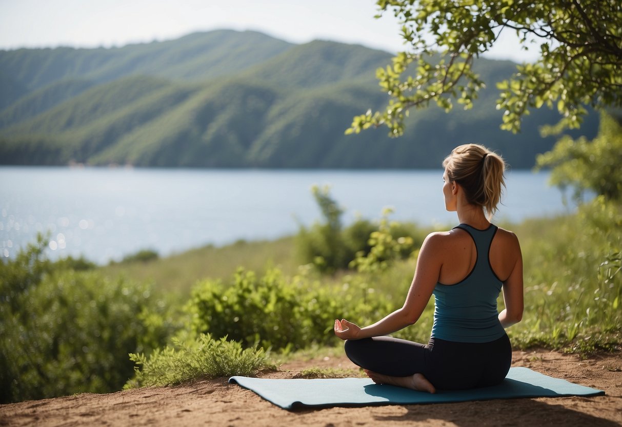 A serene nature scene with a clear blue sky, a calm body of water, and surrounding greenery. A person may be meditating or practicing yoga in the distance