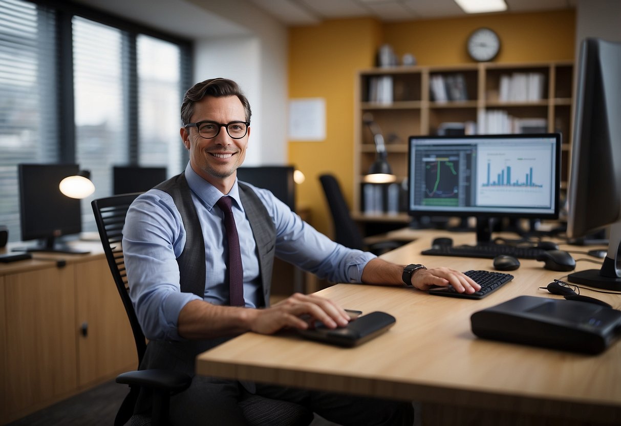 A person sitting at a desk with a stretching band nearby, surrounded by ergonomic office equipment and a timer set for regular breaks