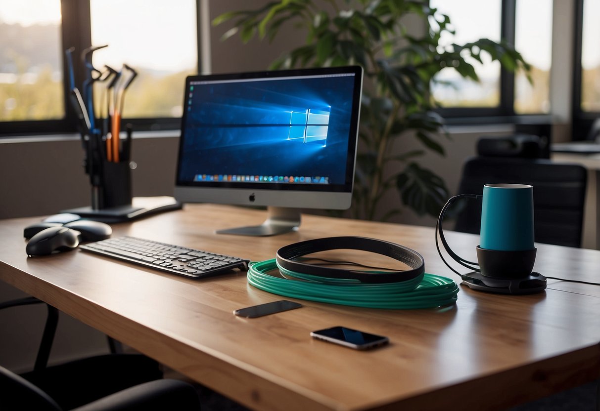 A person sitting at a desk with a computer, surrounded by fitness equipment like resistance bands, a yoga mat, and a standing desk converter