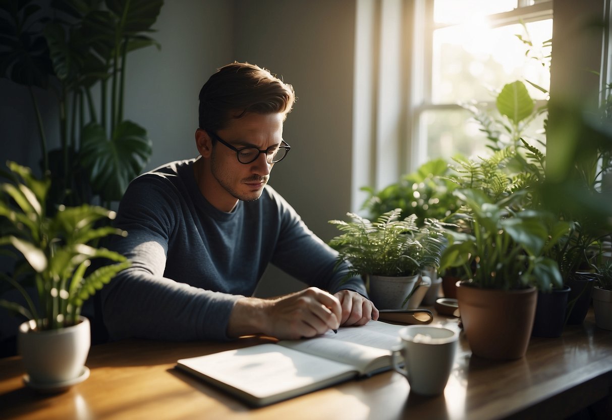 A person sitting at a desk with a notebook and pen, surrounded by plants and natural light, engaging in mental exercises