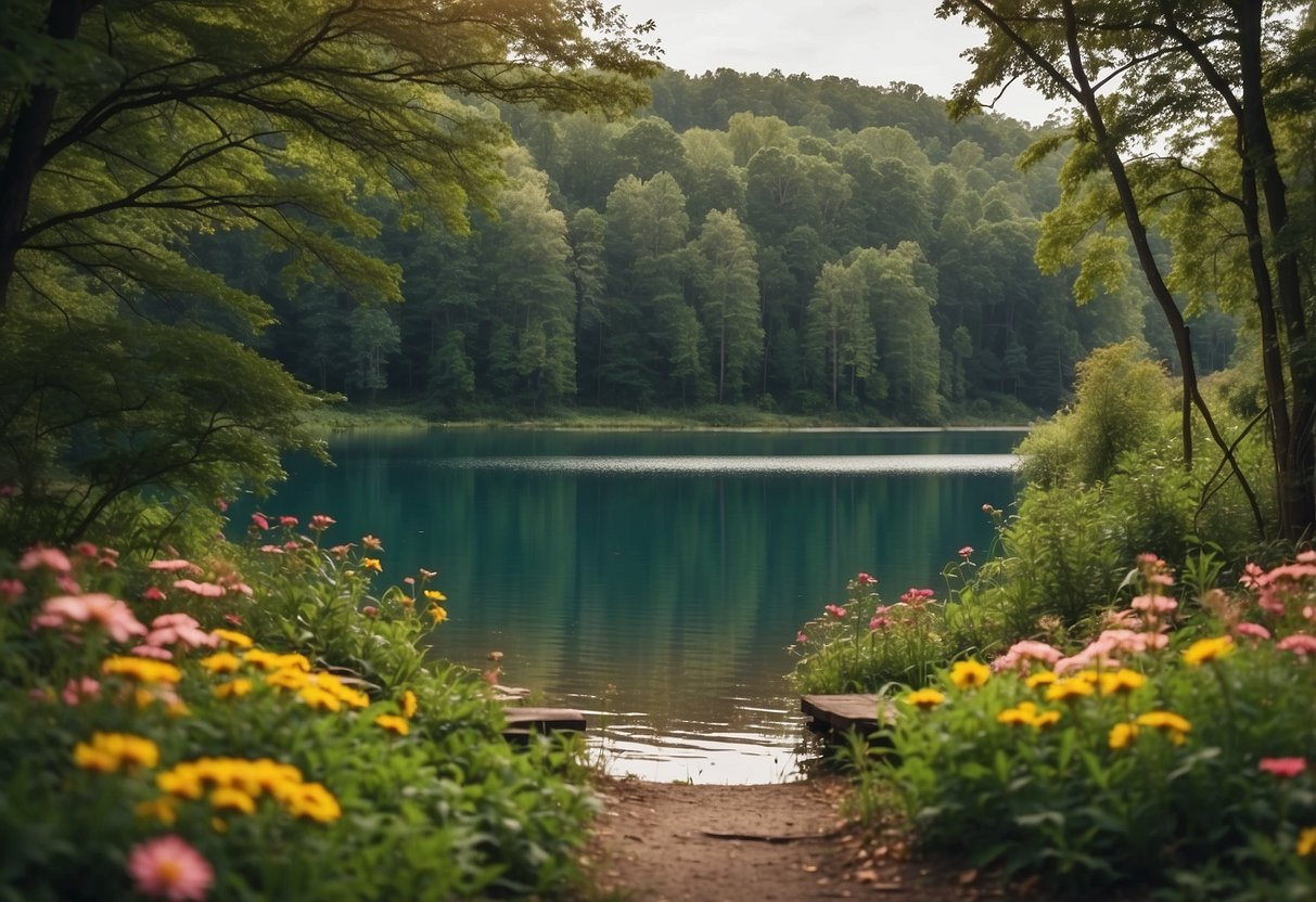 A serene nature scene with a tranquil lake, surrounded by lush greenery and colorful flowers. A gentle breeze rustles the leaves, creating a sense of peace and calm