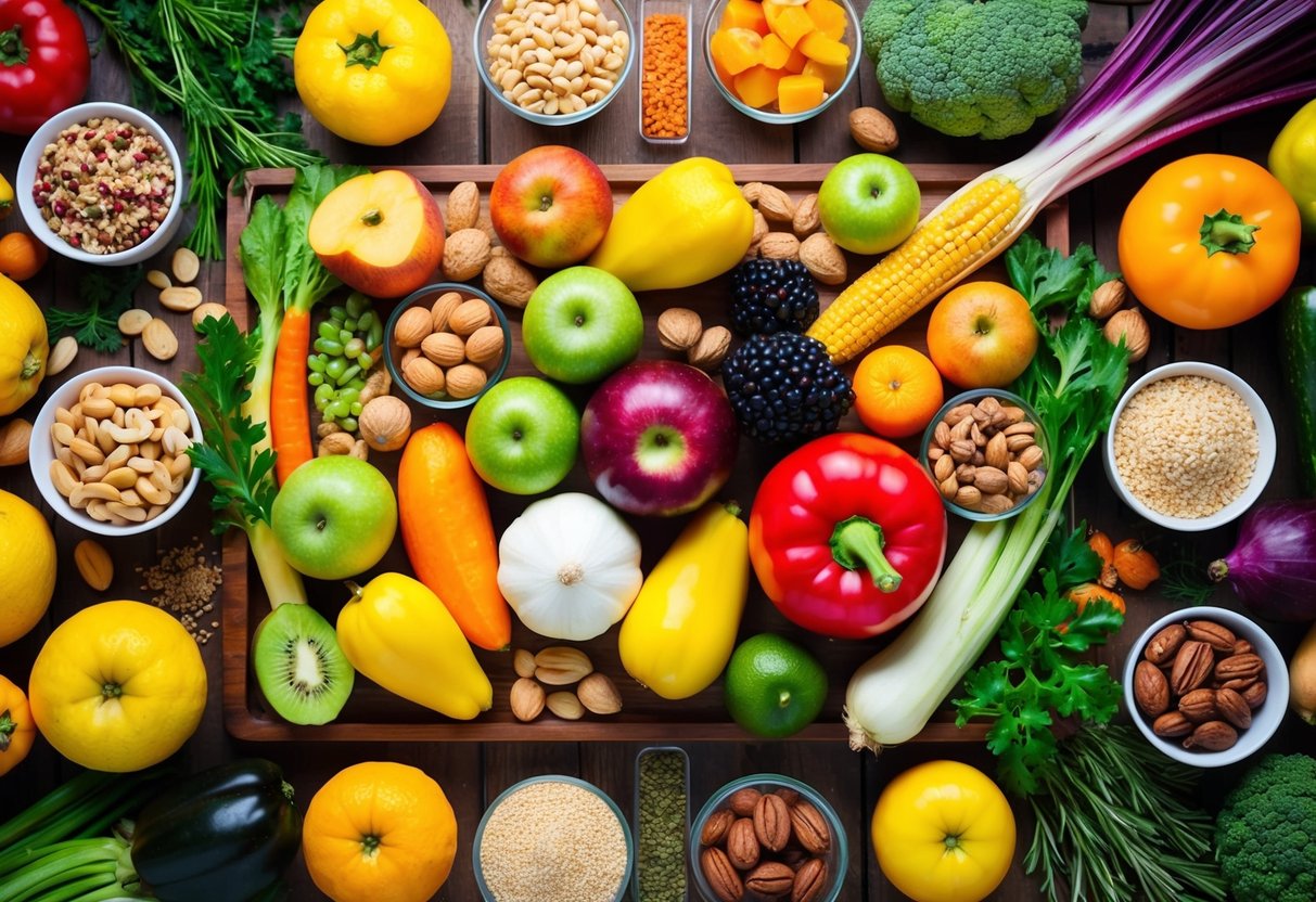 A vibrant array of colorful fruits, vegetables, nuts, and whole grains arranged on a wooden table, surrounded by fresh herbs and spices