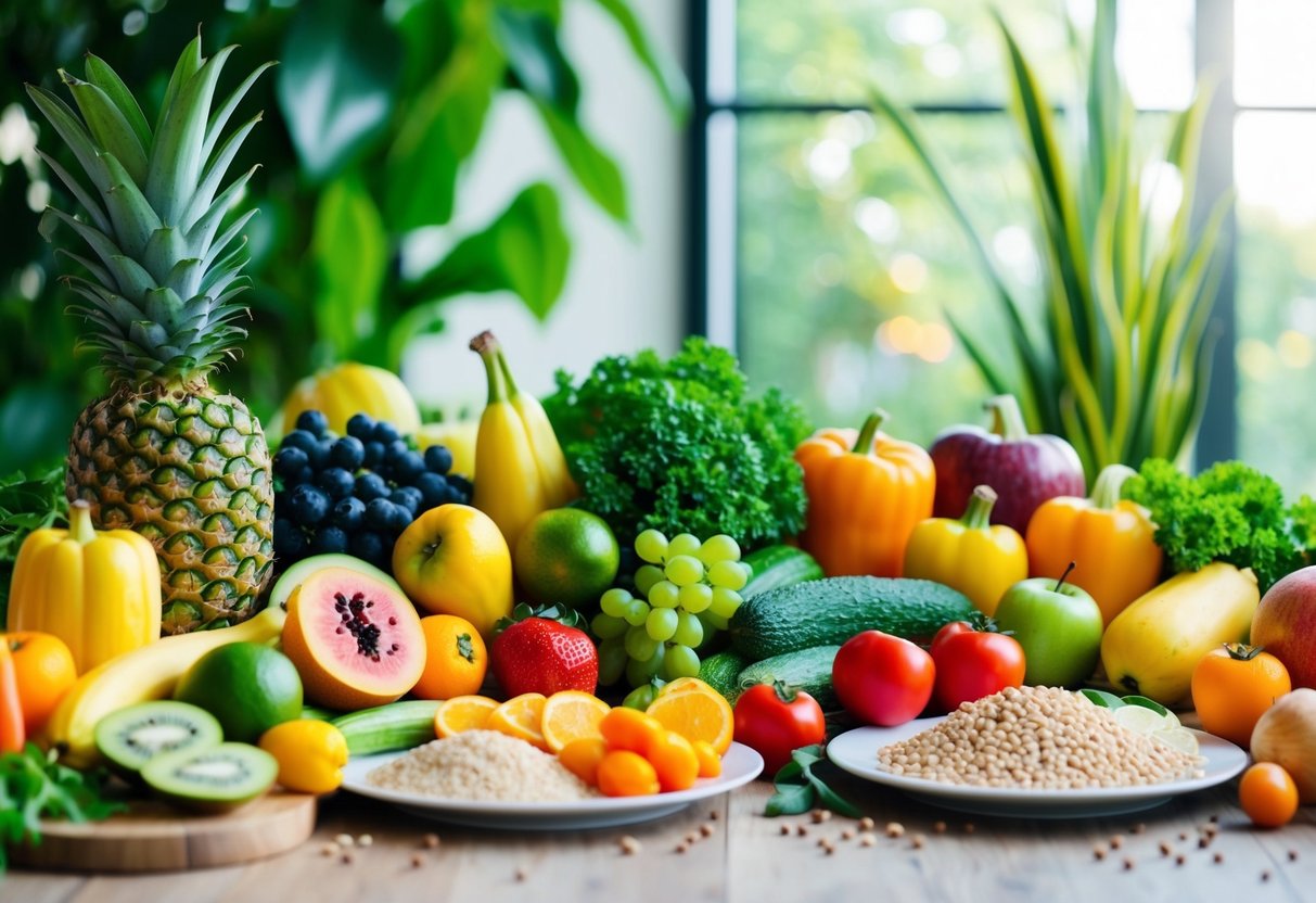 A colorful array of fruits, vegetables, whole grains, and lean proteins arranged on a table, surrounded by vibrant greenery and natural light