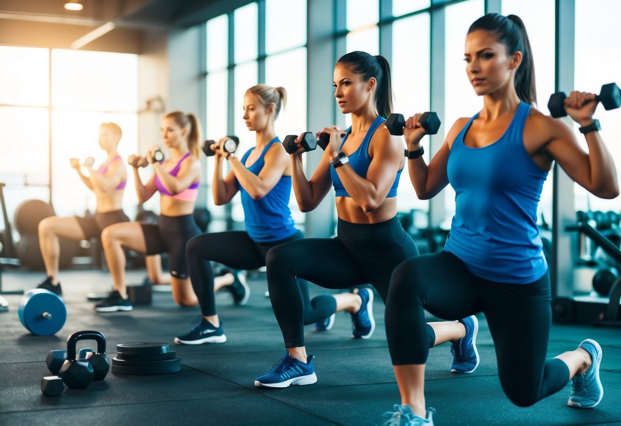 A group of people engaged in intense interval training, with a mix of cardio and strength exercises, in a modern gym setting with high-energy music and motivational atmosphere