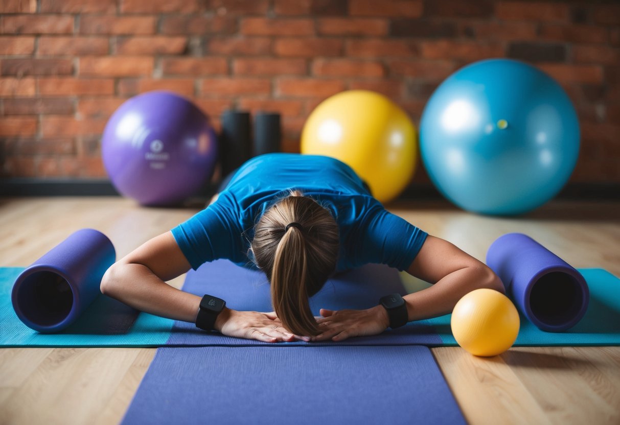 A person stretching on a yoga mat, surrounded by resistance bands, foam rollers, and exercise balls