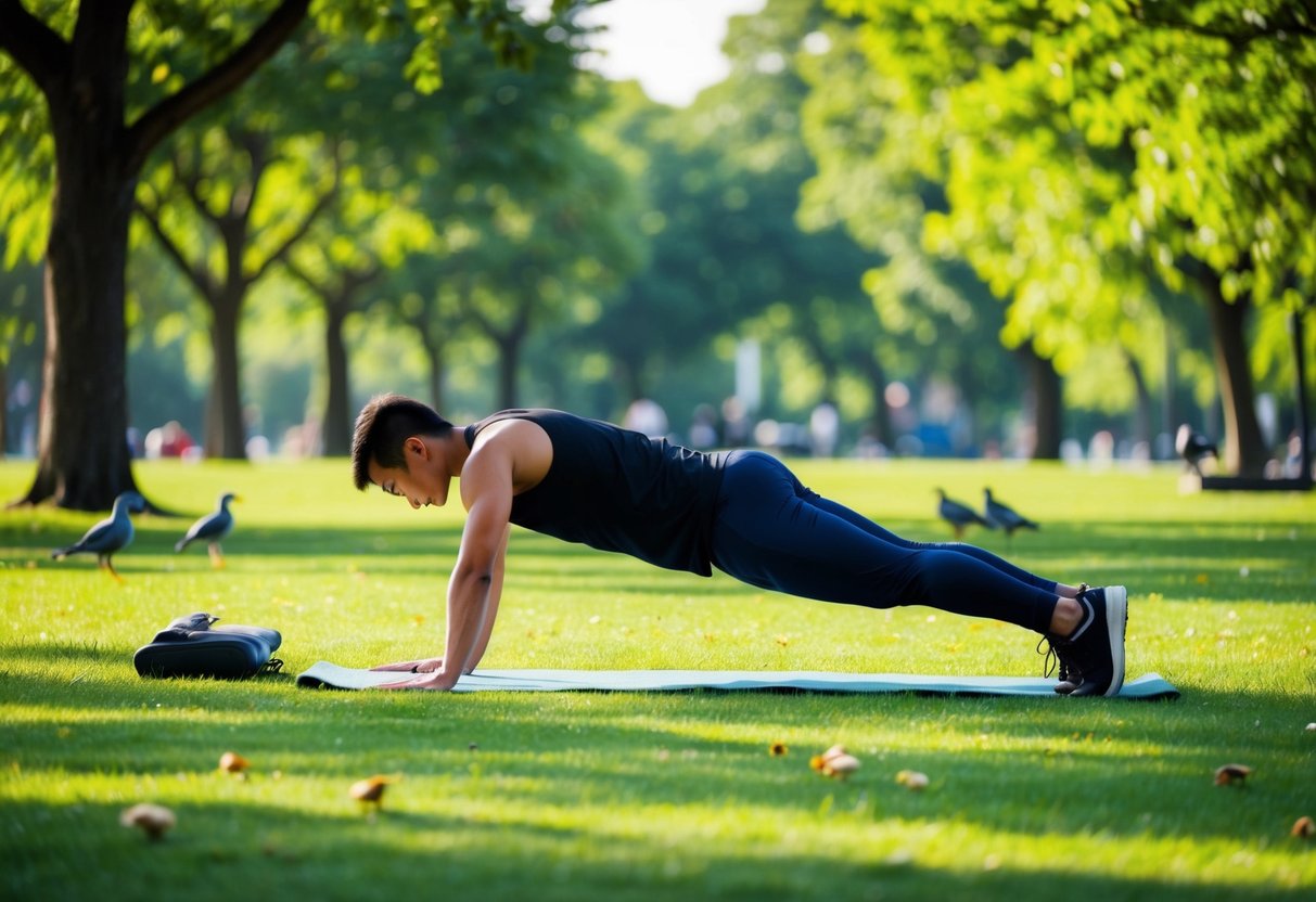 A person stretching in a park surrounded by trees and birds