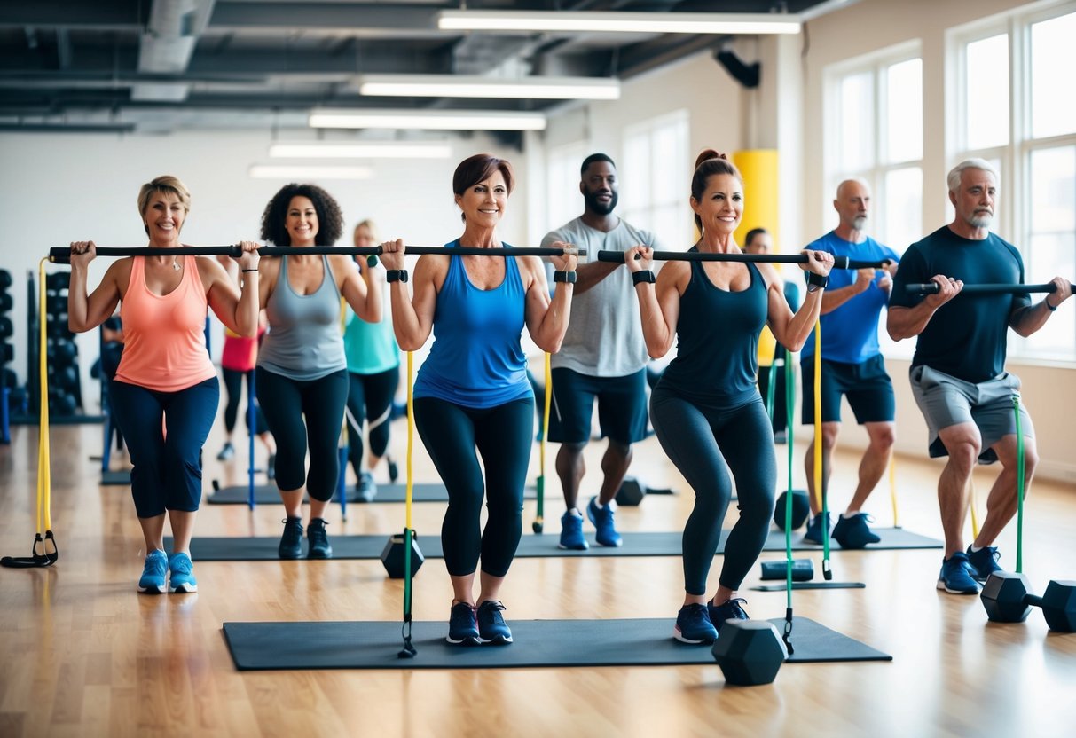 A diverse group of people of varying ages and body types engage in strength training exercises using weights and resistance bands in a bright, spacious gym setting