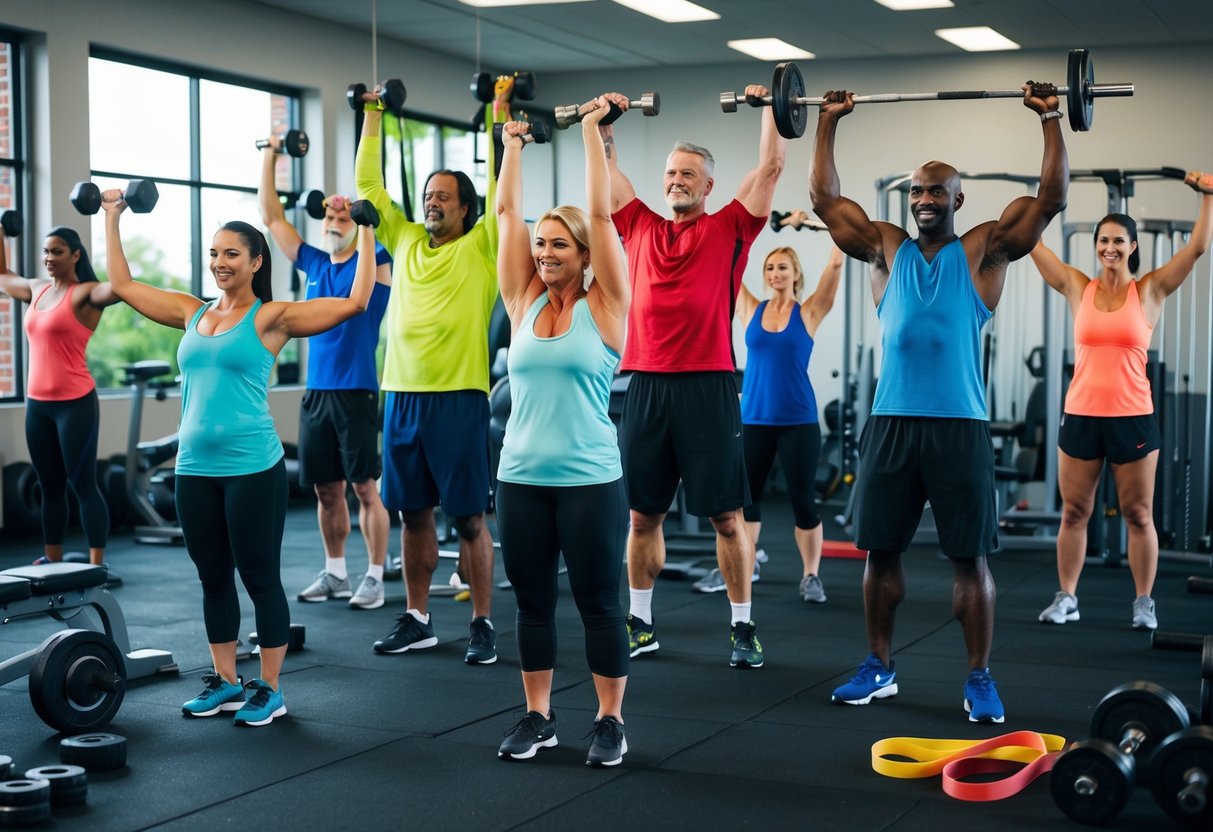 A diverse group of people of all ages performing various strength training exercises in a gym setting, with equipment such as dumbbells, resistance bands, and weight machines