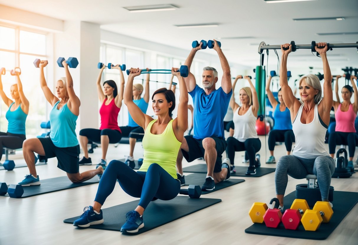 A diverse group of people of all ages and abilities are engaged in resistance training exercises in a bright, spacious gym. Various equipment such as dumbbells, resistance bands, and weight machines are visible