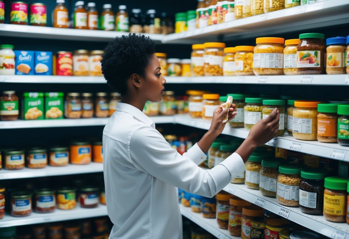 A person standing in front of shelves filled with various food products, carefully examining the nutrition labels and ingredients lists on the packaging