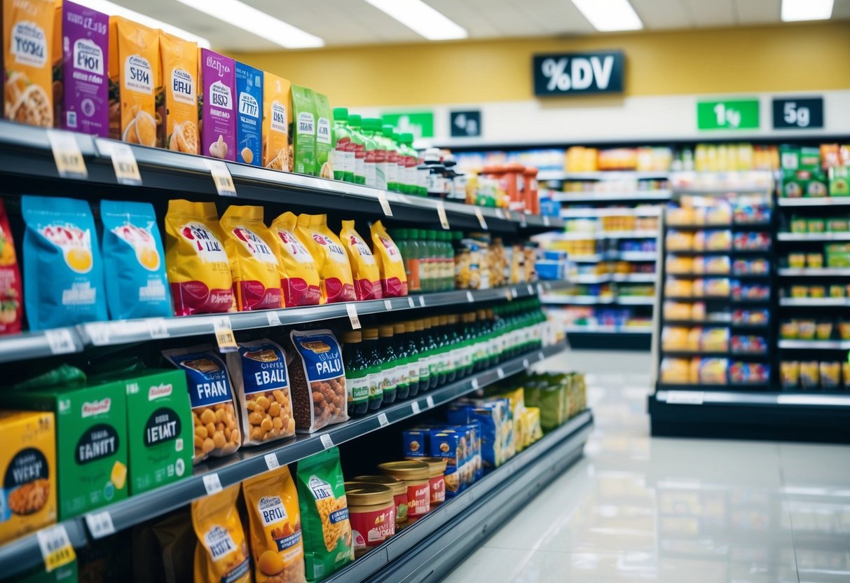 A grocery store aisle with various food products displayed, with prominent %DV and Daily Values labels on packaging