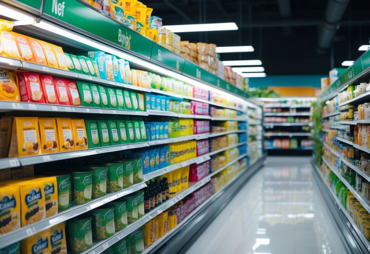 A grocery aisle with colorful food packaging, displaying various nutrition labels and ingredient lists. Brightly lit shelves filled with products