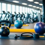 A gym with various equipment arranged in a spacious, well-lit room, with a focus on functional fitness tools such as kettlebells, resistance bands, and medicine balls