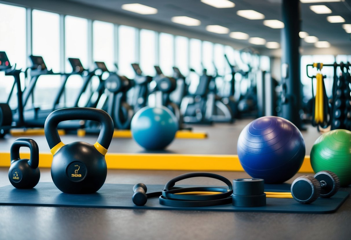 A gym with various equipment arranged in a spacious, well-lit room, with a focus on functional fitness tools such as kettlebells, resistance bands, and medicine balls