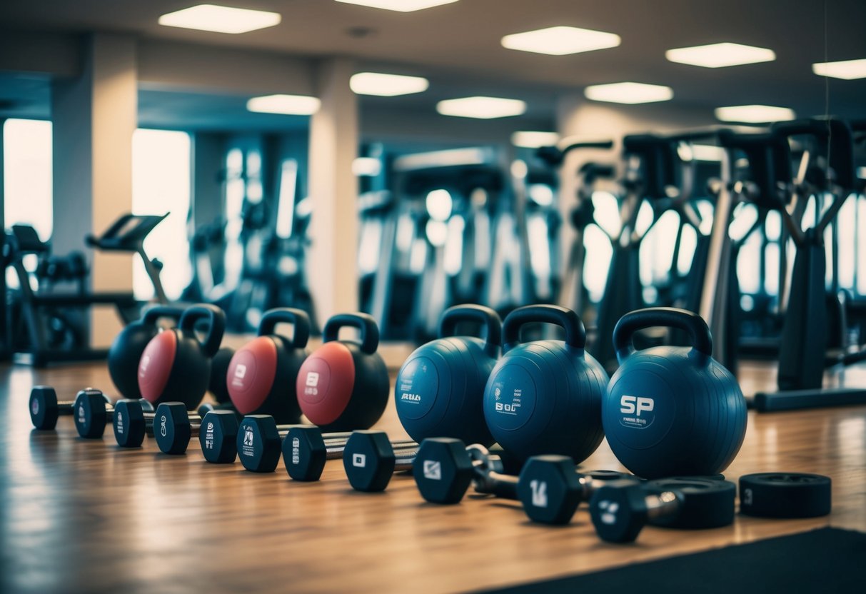 A gym with various functional fitness equipment and tools arranged neatly for a workout session