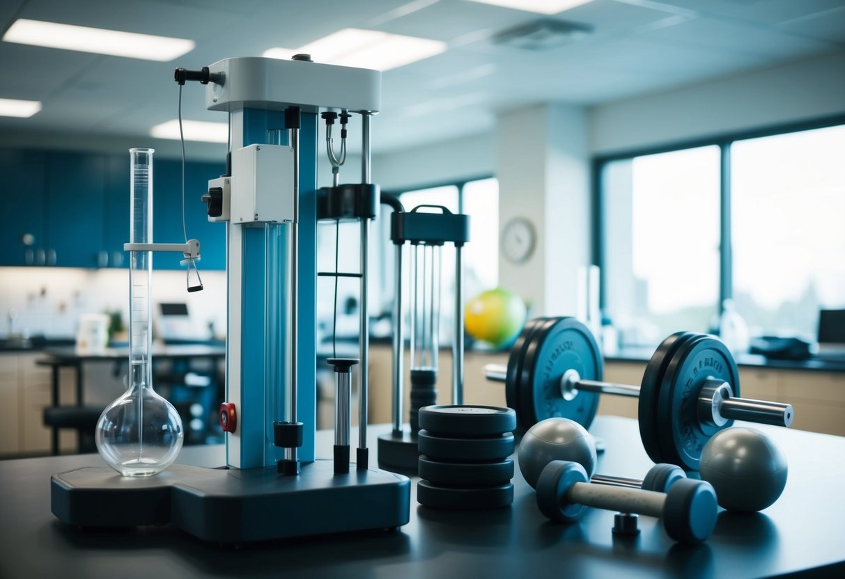 A laboratory setting with equipment for muscle testing and recovery, including weights, exercise machines, and scientific instruments