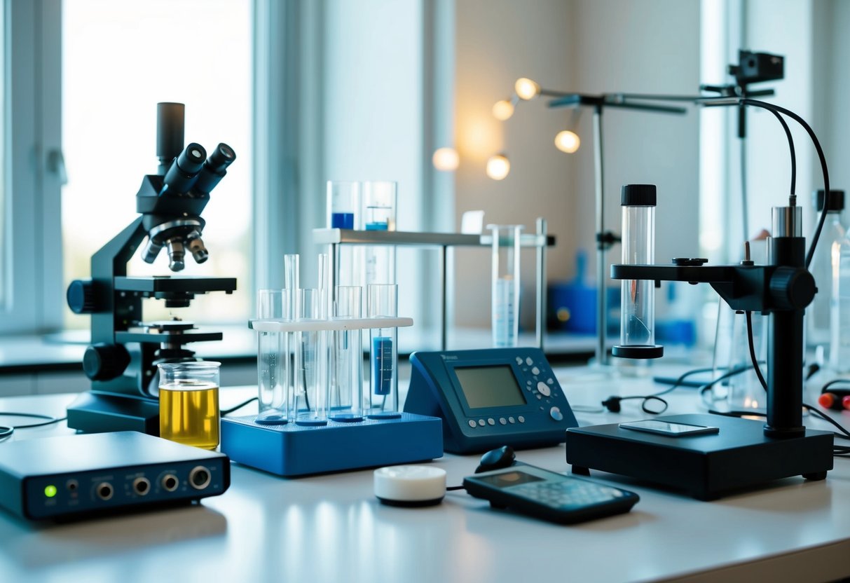 A laboratory setting with various equipment and tools for muscle recovery experiments, including test tubes, microscopes, and electronic monitoring devices