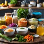 A colorful array of fermented foods, including sauerkraut, kimchi, yogurt, and kombucha, arranged on a wooden table surrounded by fresh ingredients and fermentation jars