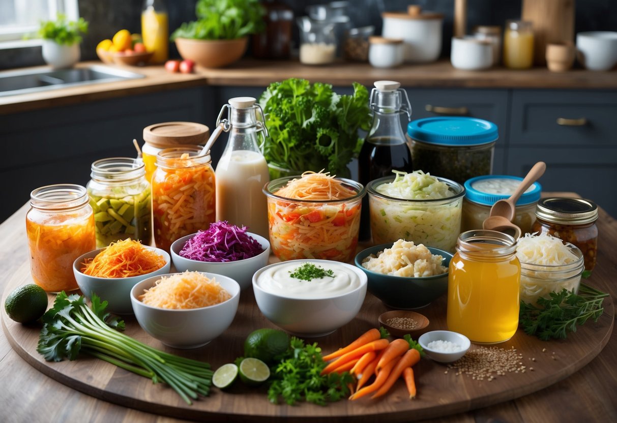 A colorful array of fermented foods, including sauerkraut, kimchi, yogurt, and kombucha, arranged on a wooden table surrounded by fresh ingredients and fermentation jars