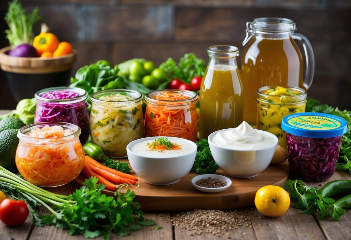 A colorful array of fermented foods, including sauerkraut, kimchi, yogurt, and kombucha, displayed on a wooden table surrounded by various types of fresh produce and herbs