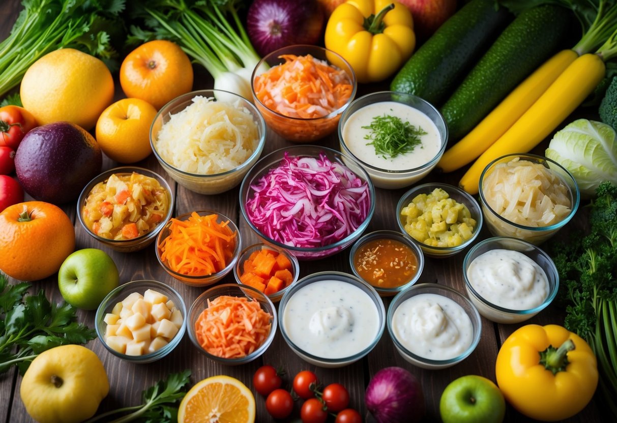 A colorful array of fermented foods, such as sauerkraut, kimchi, and kefir, displayed on a wooden table surrounded by a variety of fiber-rich fruits and vegetables