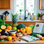 A colorful array of fresh fruits, vegetables, nuts, and legumes arranged on a kitchen counter, with a variety of cooking utensils and a cookbook open to a plant-based recipe