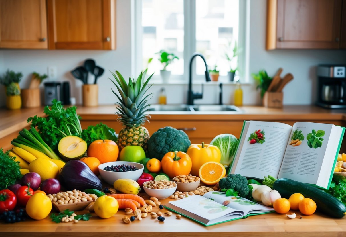 A colorful array of fresh fruits, vegetables, nuts, and legumes arranged on a kitchen counter, with a variety of cooking utensils and a cookbook open to a plant-based recipe