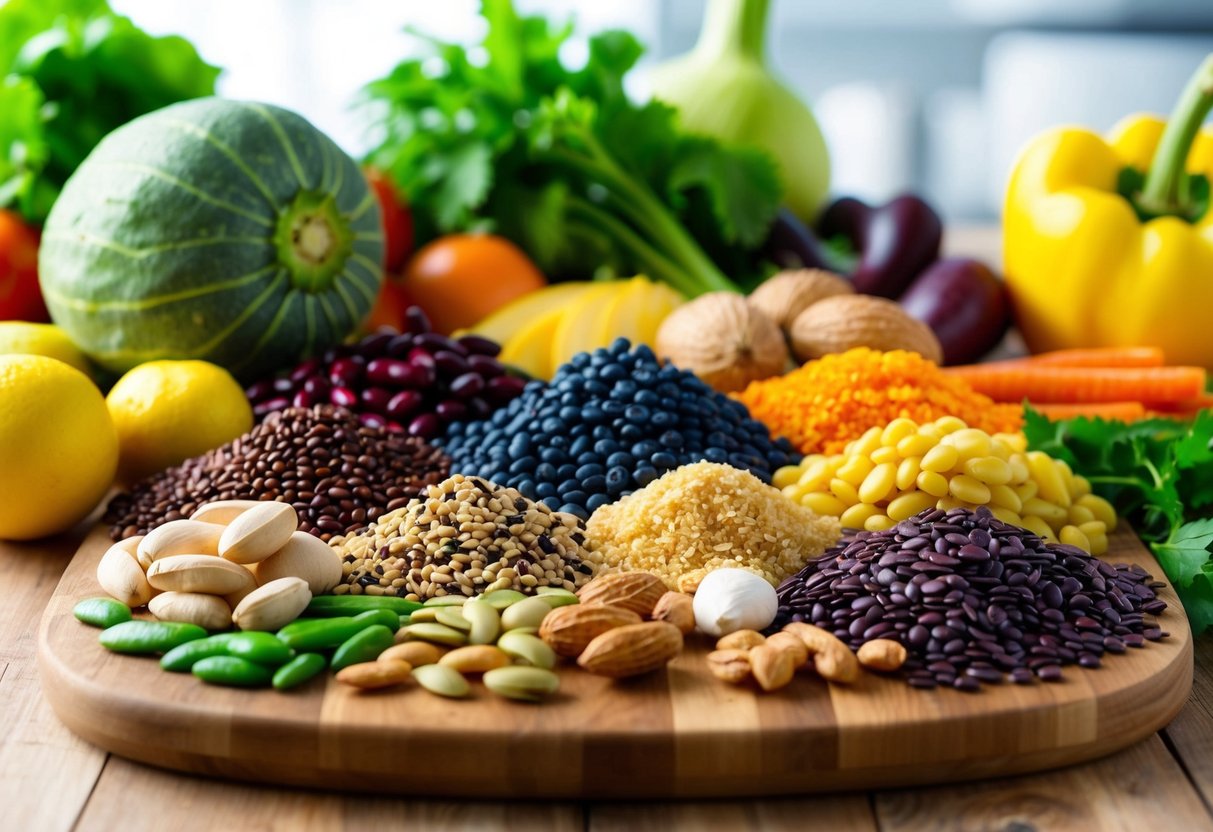 A colorful array of plant-based protein sources, including beans, lentils, quinoa, nuts, and seeds, arranged on a wooden cutting board with vibrant fruits and vegetables in the background