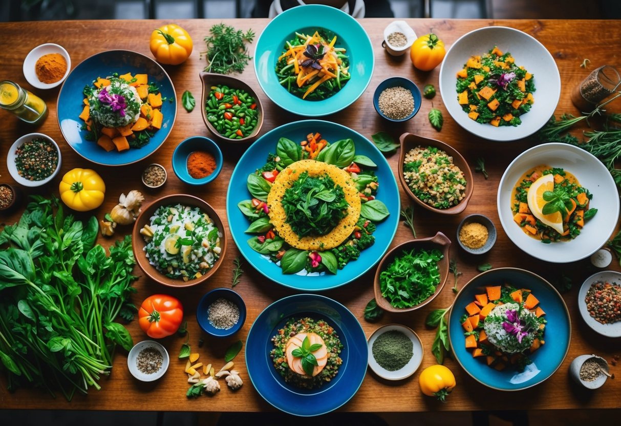 A vibrant spread of colorful plant-based dishes arranged on a wooden table, surrounded by fresh ingredients and a variety of herbs and spices