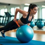 A person performing core-strengthening exercises in a well-lit gym, using a stability ball and resistance bands