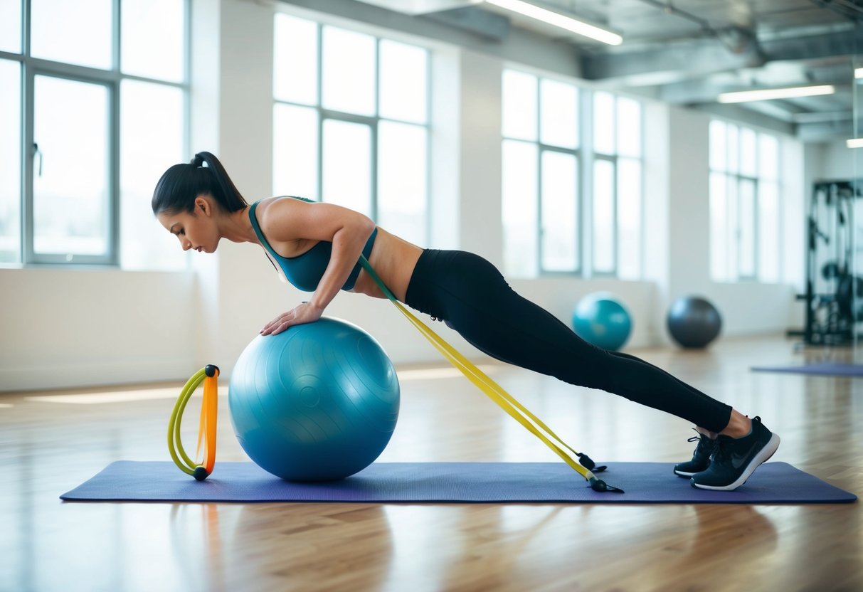 A person performing core-strengthening exercises using a stability ball, resistance bands, and a yoga mat in a bright, spacious workout area